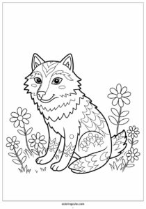 simple wolf coloring page of outline with flowers 1