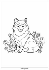simple wolf coloring page of outline with flowers 2