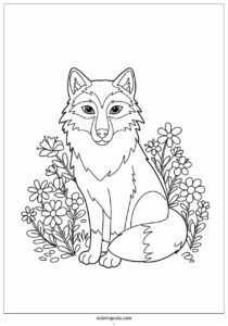 simple wolf coloring page of outline with flowers 3
