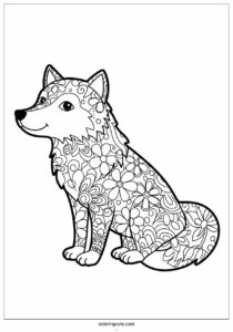 simple wolf coloring page of outline with flowers 4