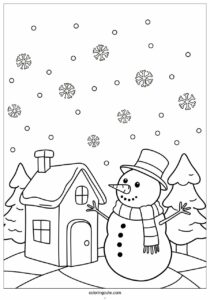snowman outside house on snowy day coloring in 1