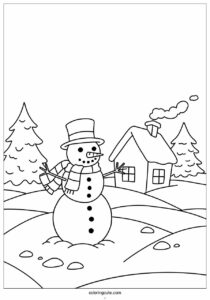 snowman outside house on snowy day coloring in 4