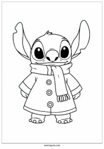 stitch in winter coloring page of coat and scarf for kids 4