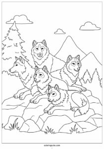 wolf coloring page of pack resting on rock 1