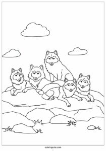 wolf coloring page of pack resting on rock 2