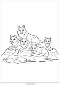 wolf coloring page of pack resting on rock 4