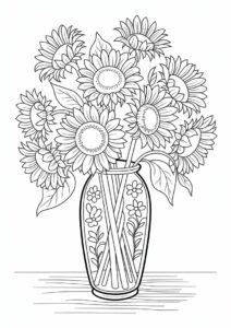 Detailed Sunflowers In Vase For Coloring 1