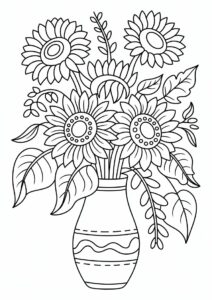 Detailed Sunflowers In Vase For Coloring 10