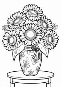 Detailed Sunflowers In Vase For Coloring 2