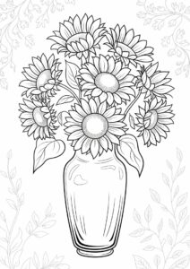 Detailed Sunflowers In Vase For Coloring 3