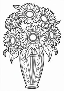 Detailed Sunflowers In Vase For Coloring 4