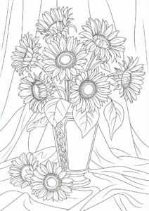 Detailed Sunflowers In Vase For Coloring 7