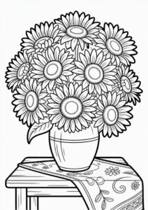 Detailed Sunflowers In Vase For Coloring 9