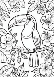 Easy Toucan Coloring Page With Flowers And Leaves 10