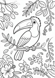 Easy Toucan Coloring Page With Flowers And Leaves 11