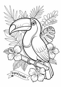 Easy Toucan Coloring Page With Flowers And Leaves 2