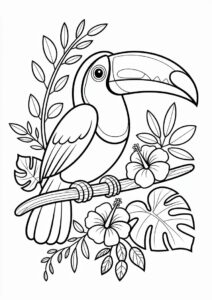 Easy Toucan Coloring Page With Flowers And Leaves 3