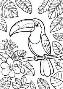 Easy Toucan Coloring Page With Flowers And Leaves 4