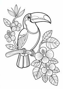 Easy Toucan Coloring Page With Flowers And Leaves 6
