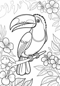 Easy Toucan Coloring Page With Flowers And Leaves 7
