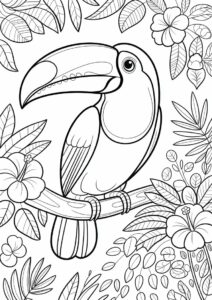 Easy Toucan Coloring Page With Flowers And Leaves 8