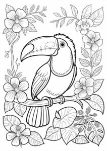 Easy Toucan Coloring Page With Flowers And Leaves 9