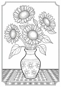 Four Beautiful Sunflowers In Vase For Coloring 1