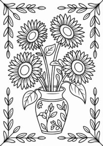 Four Beautiful Sunflowers In Vase For Coloring 2