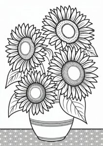 Four Beautiful Sunflowers In Vase For Coloring 3
