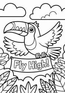 Happy Cartoon Toucan Coloring Page Flying For Preschoolers 1