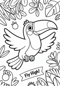 Happy Cartoon Toucan Coloring Page Flying For Preschoolers 3