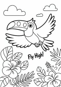 Happy Cartoon Toucan Coloring Page Flying For Preschoolers 4