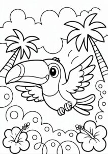 Happy Cartoon Toucan Coloring Page Flying For Preschoolers 6