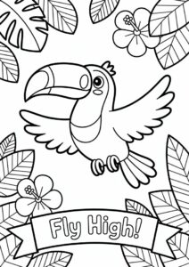 Happy Cartoon Toucan Coloring Page Flying For Preschoolers 7