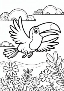 Happy Cartoon Toucan Coloring Page Flying For Preschoolers 8