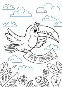 Happy Cartoon Toucan Coloring Page Flying For Preschoolers 9