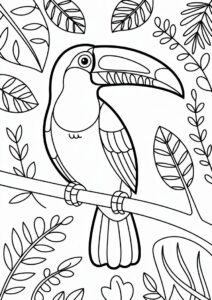 Large Toucan Coloring Page Surrounded By Leaves 1