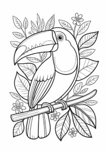 Large Toucan Coloring Page Surrounded By Leaves 2