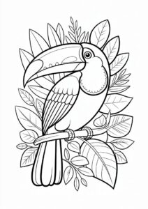 Large Toucan Coloring Page Surrounded By Leaves 3