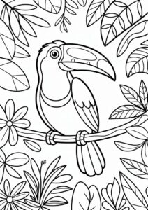 Large Toucan Coloring Page Surrounded By Leaves 6