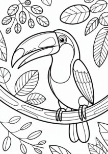 Large Toucan Coloring Page Surrounded By Leaves 7