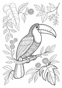 Large Toucan Coloring Page Surrounded By Leaves 8