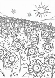 Multiple Sunflowers In Field Coloring Page 1