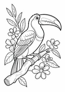 Realistic Toucan Coloring Page Perched On Branch With Flowers 1