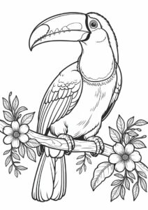 Realistic Toucan Coloring Page Perched On Branch With Flowers 10