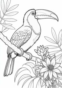 Realistic Toucan Coloring Page Perched On Branch With Flowers 11