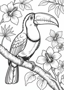 Realistic Toucan Coloring Page Perched On Branch With Flowers 12