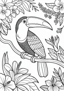 Realistic Toucan Coloring Page Perched On Branch With Flowers 13