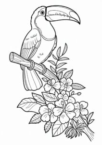 Realistic Toucan Coloring Page Perched On Branch With Flowers 14