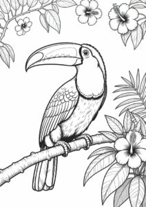 Realistic Toucan Coloring Page Perched On Branch With Flowers 2